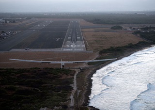 André Borschberg prepares to land Solar Impulse 2 at Kalaeloa Airport after a five-day journey across the Pacific Ocean in July 2015. Photo courtesy of Solar Impulse. 