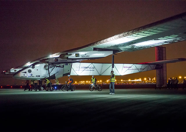 Solar Impulse 2 taxis at Chongqing Jiangbei International Airport, China, after completing the fifth leg of its round-the-world flight. Photo courtesy of Solar Impulse.