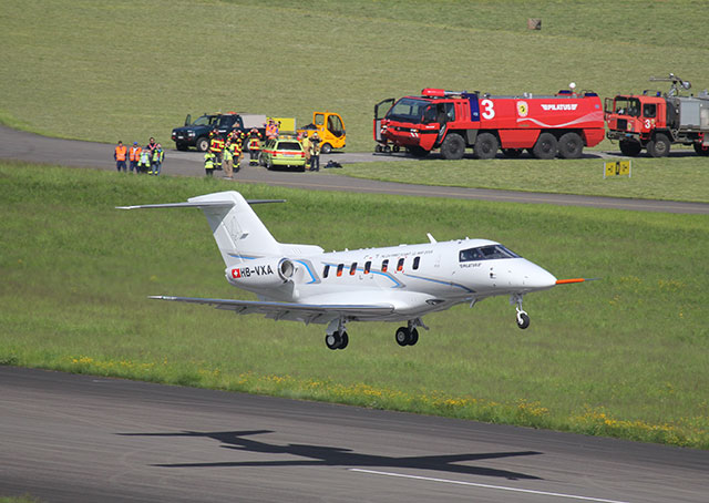 The Pilatus PC-24 business jet touches down after its first flight.