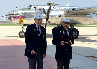 Surviving Doolittle Tokyo Raiders David Thatcher (left) and Richard Cole (right) with the Congressional Gold Medal. Photo Courtesy of the National Museum of the U.S. Air Force.