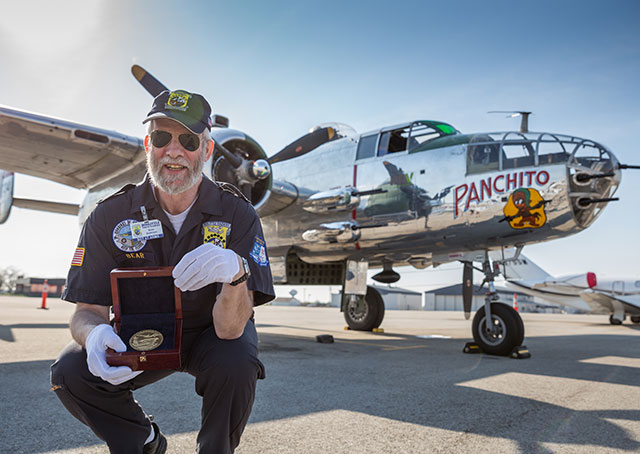 Brian “Bear” Anderson, the Doolittle Tokyo Raiders Association sergeant at arms, helps deliver the Congressional Gold Medal to Wright-Patterson Air Force Base. Photo by Matt Sager.