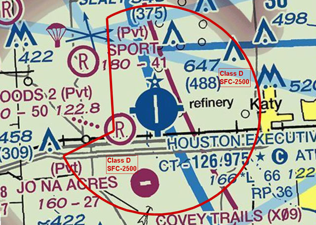 A graphic depiction (not for navigation) of the proposed Class D airspace around Houston Executive Airport. 