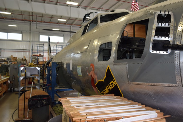 Champaign Aviation Museum's B-17 "Champaign Lady" is undergoing restoration in the museum hangar. Photo by Champaign Aviation Museum.