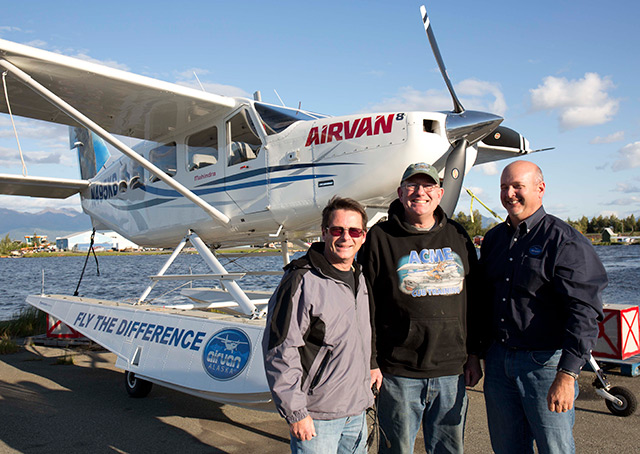 AOPA Editor in Chief Thomas B. Haines, instructor Steve Williams, and Airvan Alaska dealer Don Hatton put the Airvan 8 on Wipaire Wipline 3450 floats through its paces.