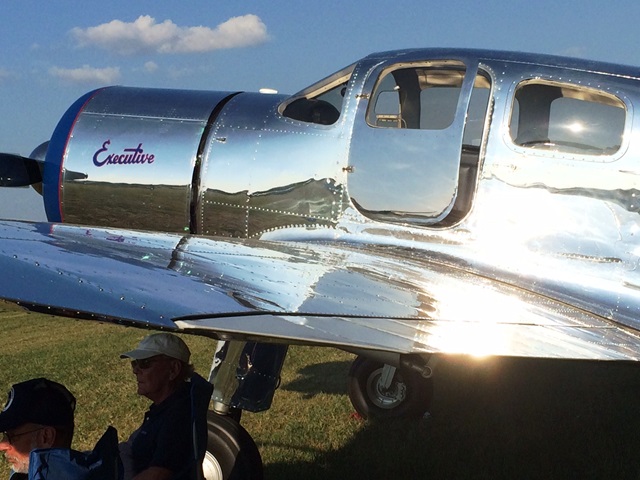 A Spartan Executive gleams in the sun at the Antique Airplane Association fly-in at Blakesburg, Iowa. 