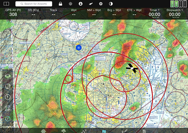 Weather overlays a map of the Washington, D.C., area with a blue dot representing the location of the iPad. What looks like a satellite hovering over Baltimore is actually the airport with black runway extensions.