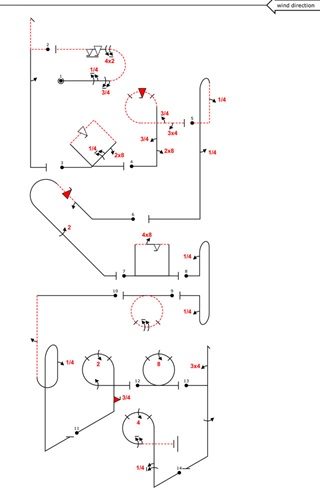 The Unlimited (Power) Free Unknown routine flown by Rob Holland and seven other pilots on Sept. 25. In this Aresti diagram, red dotted lines represent negative wing loading (including inverted flight and outside loops). Triangles denote a snap roll, while other rolls are marked by arrows with numbers to indicate what portion of a roll (or rolls) is to be flown on the given line. Click image for a larger view.