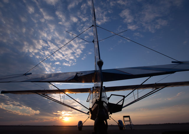 A Super Decathlon waits for fuel at sunset, Sept. 24, at the U.S. National Aerobatic Championships. Jim Moore photo. 