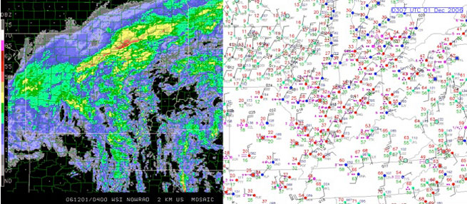 Bright banding in the Great Lakes area (above left) shows up as areas of high reflectivity, with a line of especially heavy returns that could indicate anything from melting snow to freezing rain to wet hail. Sometimes, it can be helpful to check the most recent surface analysis chart (above right) to determine if the surface temperatures are warm enough to ensure that the falling precipitation is indeed above freezing near the surface.