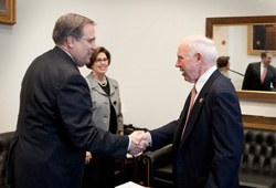 AOPA President Craig Fuller and AOPA VP of Legislative Affairs Lorraine Howerton meet with Transportation Committee Chairman Jim Oberstar before the hearing.