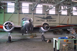 Amelia Electra in hangar: Painted to look like Earhart&rsquo;s Electra, Shepherd&rsquo;s airplane is in a hangar waiting to be filmed.