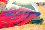 Painted flames adorn the nose of Trost&rsquo;s airplane.