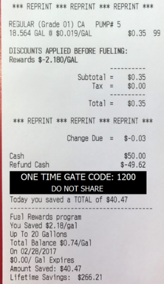 Shown in this picture is a one-time access code that is printed on a receipt when a pilot purchases fuel at a self-service fuel station. The pilot can use this code to gain access through a gate when returning to the general aviation ramp. 