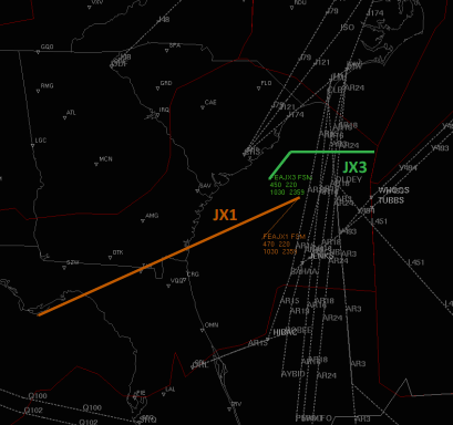 This screenshot shows an example of a set of AFPs being run to control traffic southbound into Florida. Any flights crossing either JX1 or JX3 southbound would be issued EDCTs. Graphic courtesy of FAA.