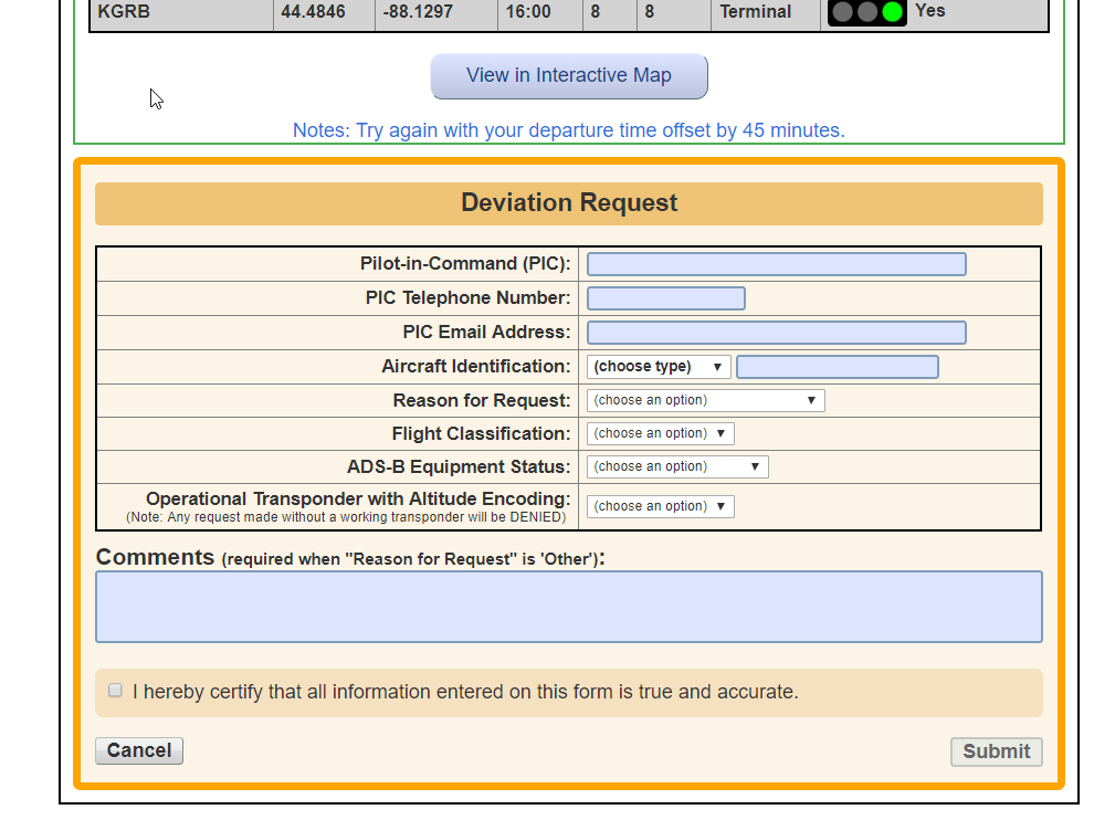 An example of the Deviation Request form (graphic courtesy of FAA). 