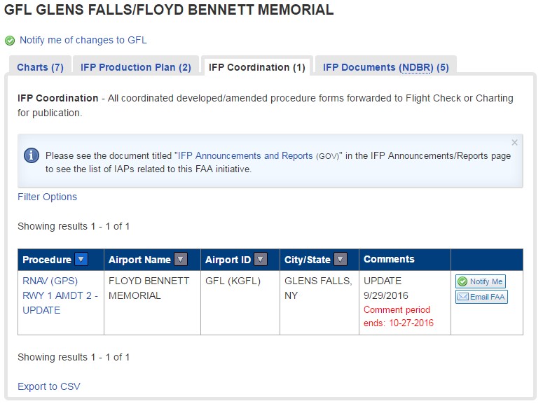 Users can search the IFP Gateway for any airport and select the “notify me of changes to [airport]” link to subscribe to alerts for changes to that airport. Within the “IFP Coordination” tab, users can preview new procedures and changes to existing procedures and offer feedback to the developer.