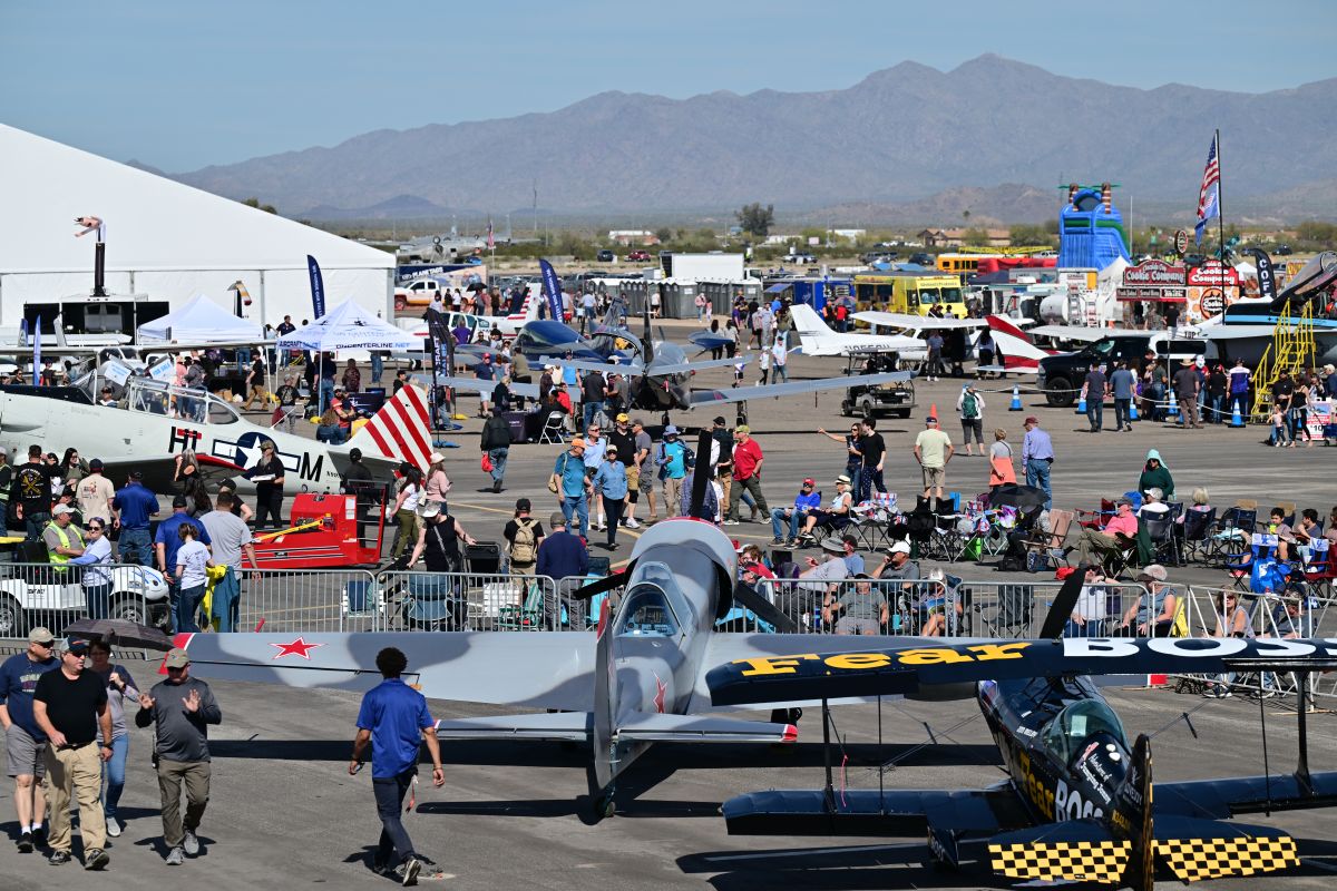 Air show participants, performers, exhibitors, and workshop leaders attend the Buckeye Air Fair in Buckeye, Arizona, near Phoenix, February 18, 2023. Photo by David Tulis.