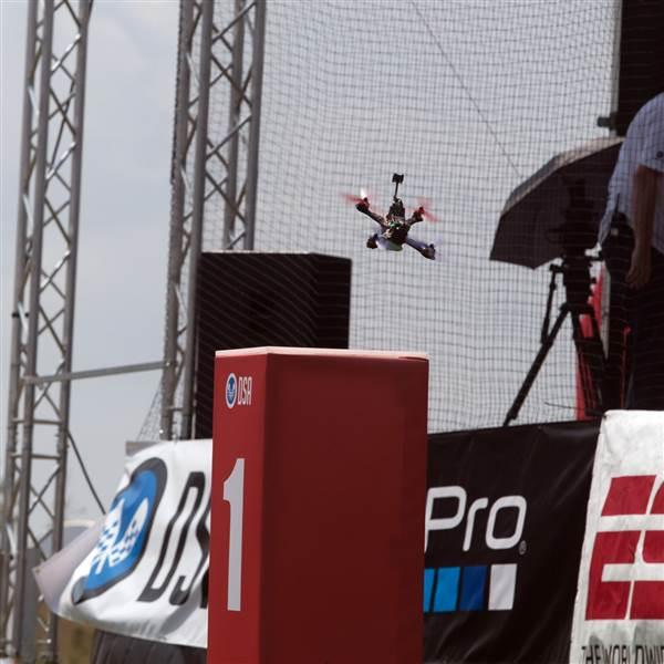 A quadcopter launches for a heat at the 2016 U.S. National Drone Racing Championships Governors Island, New York.