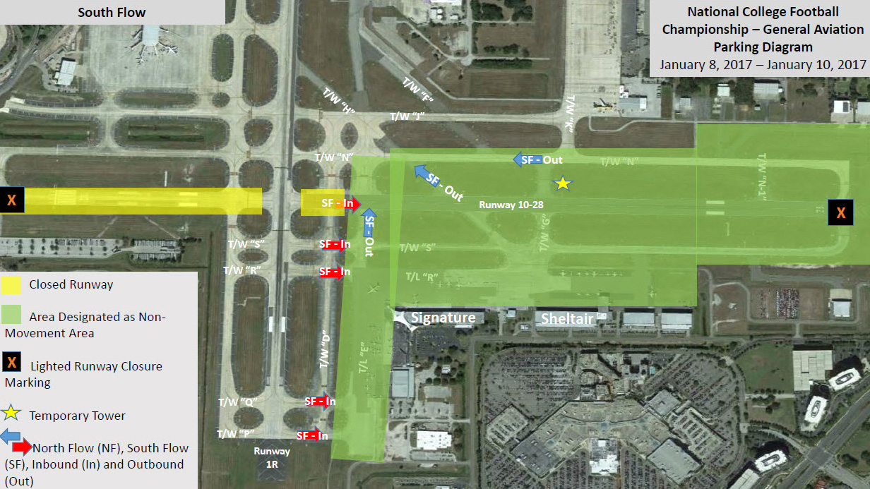 Special ground procedures for Tampa International Airport have been detailed for Jan. 8 through 10. This image depicts the south flow of traffic. Image courtesy of the FAA.