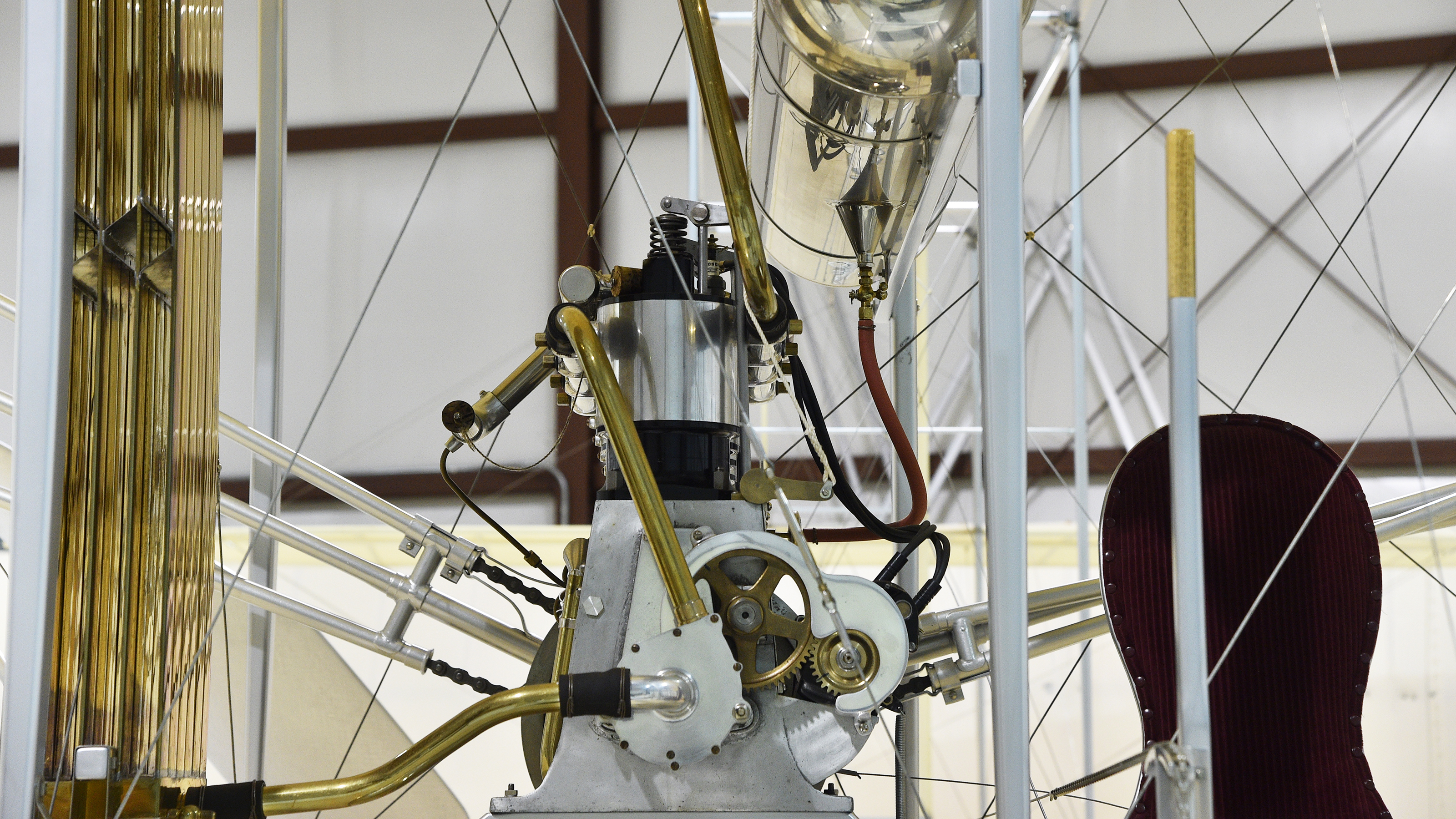 Silver paint helps disguise a wing strut and its attachment fittings on a 1911 Wright Flyer Model B aircraft re-created by The Wright Experience's Ken Hyde and team. Photo by David Tulis.