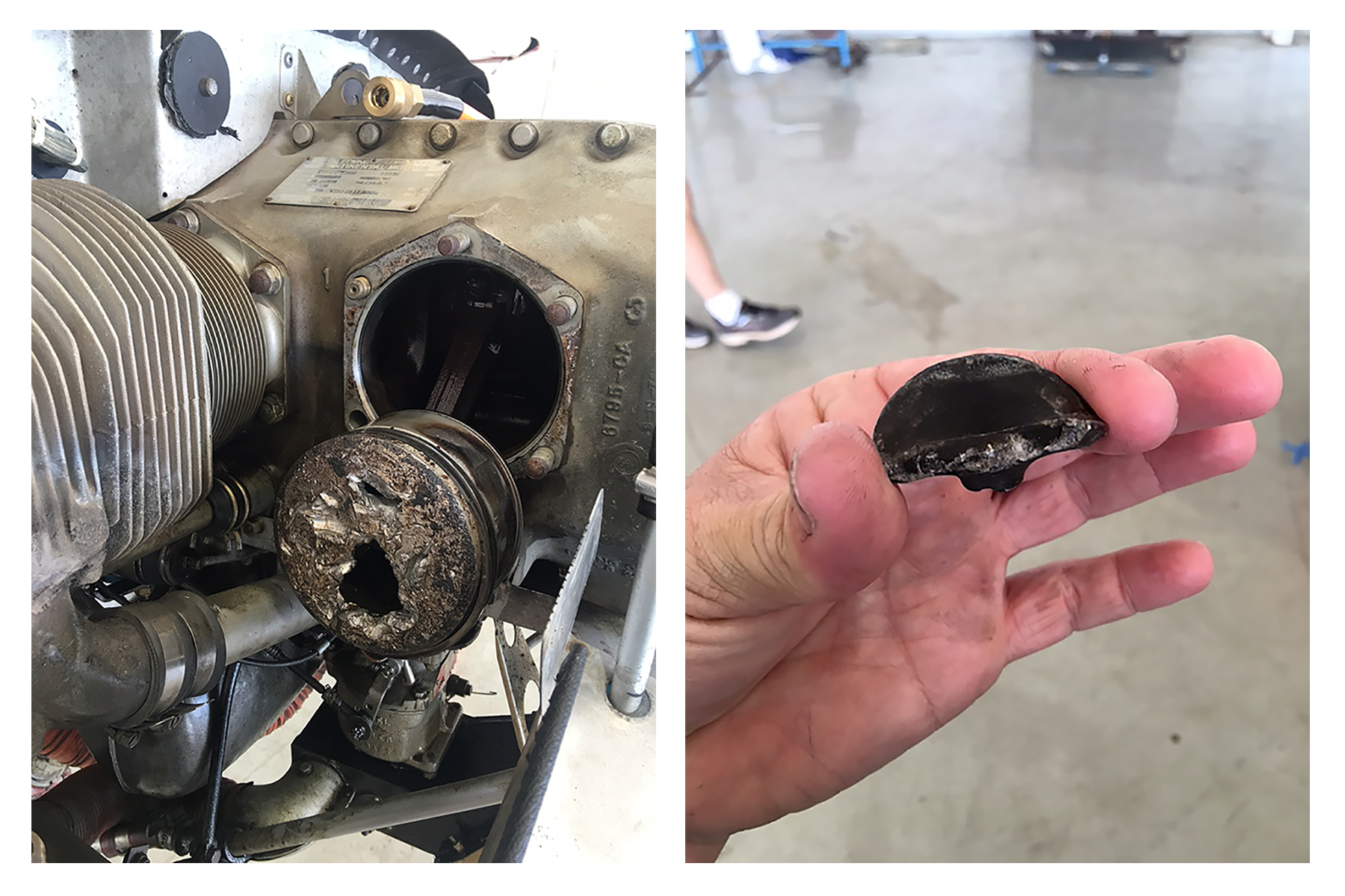 According to Kevin Lund, the piston from a Continental engine mounted on a Cessna 150 that was flown by his daughter Sierra shows damage from a broken intake valve. Photo courtesy of Kevin Lund.