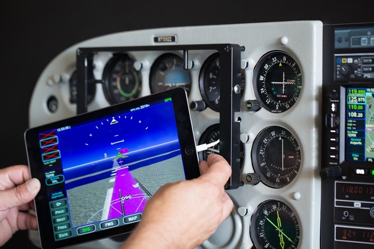 Avidyne uses a third-party panel mount combined with Avidyne software to transform an iPad into a primary flight display. Jim Moore photo.