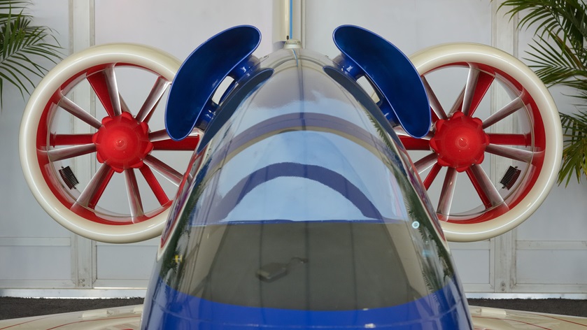 The Airbus E-Fan electric airplane is powered by two ducted electrically driven propellers mounted behind the cockpit. Photo by Mike Collins.