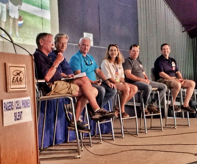 Sen. James Inhofe (R-Okla.), EAA President Jack Pelton, AOPA President Mark Baker, AOPA Pilot Protection Services aviation attorney Kathy Yodice, Rep. Sam Graves (R-Mo.), and SmithAmundsen aviation attorney Alan Farkas participate in a panel discussion at EAA AirVenture.