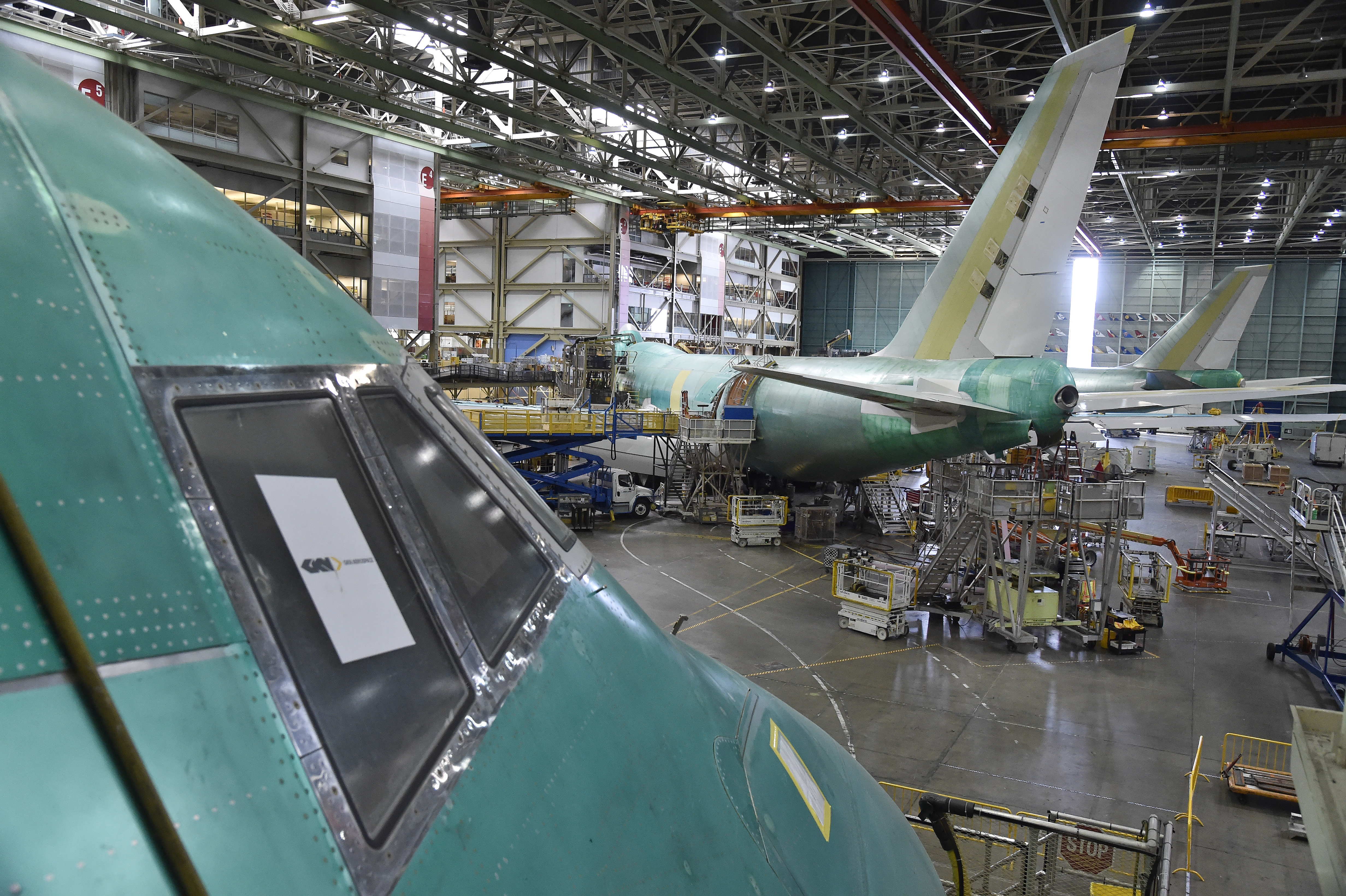 Three Boeing 747 aircraft are in various phases of construction at Boeing's Everett, Washington, factory. Photo by David Tulis.