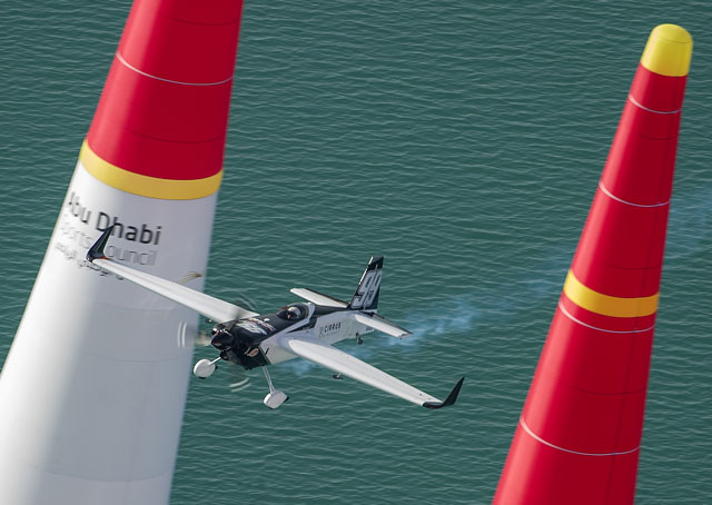 Michael Goulian performs during the training of the first stage of the Red Bull Air Race World Championship in Abu Dhabi, United Arab Emirates on March 10. Photo by Naim Chidiac/Red Bull Content Pool.