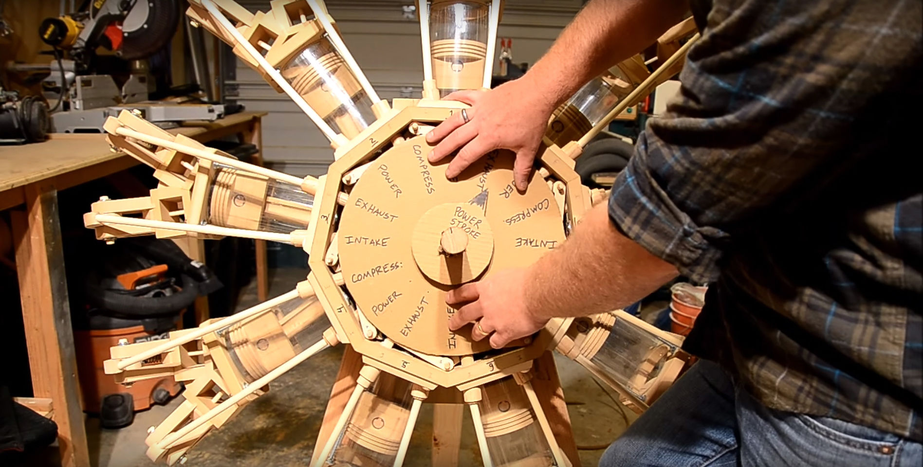 Wood hobbyist Ian Jimmerson took his love of all things mechanical and combined it with his woodworking passion to create a nine-cylinder radial engine out of lumber and plastic. Photo courtesy of Ian Jimmerson.