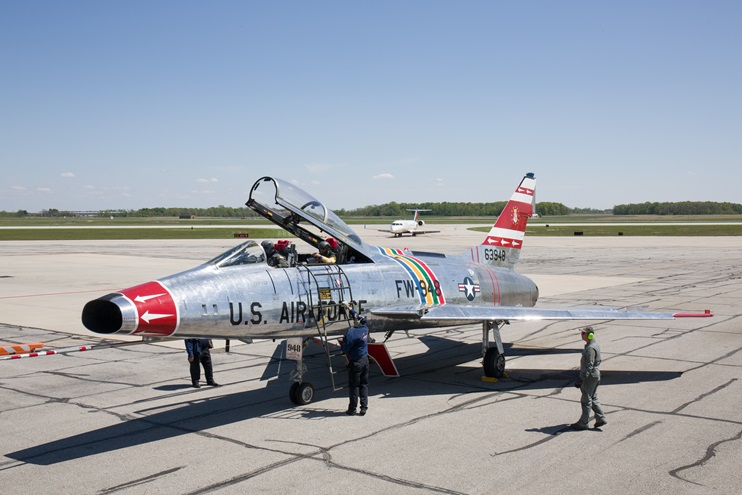 F-100 pilots take one more flight in the Super Sabre at Fort Wayne International Airport in Indiana. Photo by Mike Fizer.