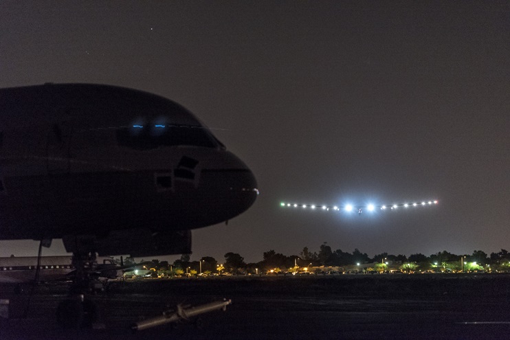 André Borschberg lands Solar Impulse 2 in Phoenix a few minutes ahead of schedule May 2. Photo courtesy of Solar Impulse.