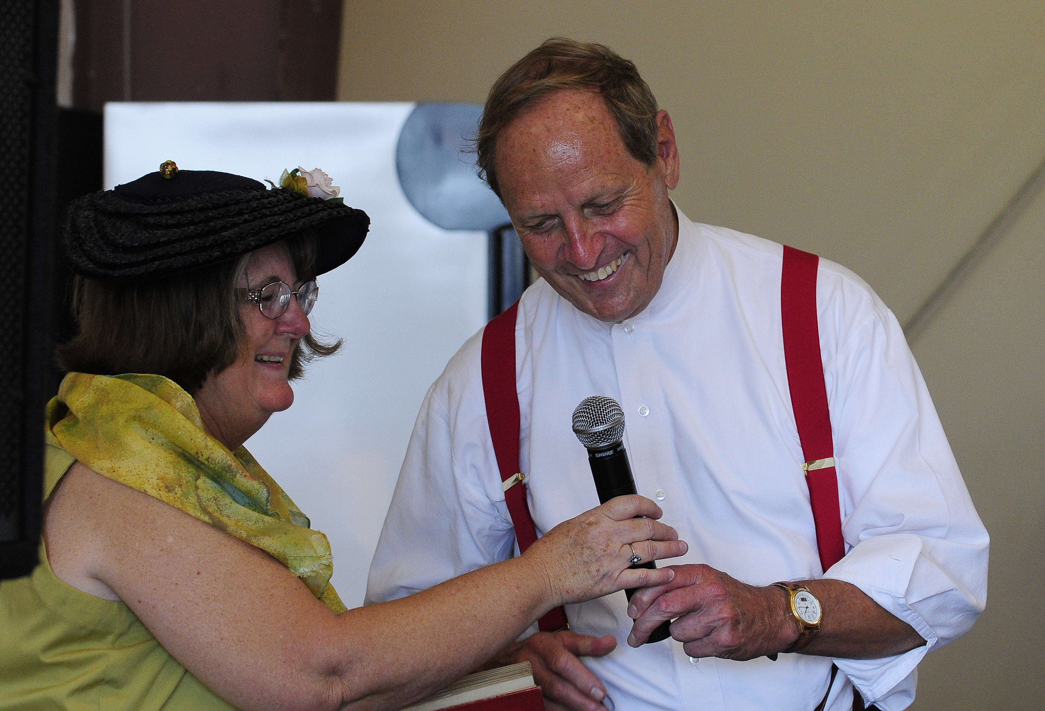 Wearing a Golden Age of aviation period costume, Peach State Aerodrome owner Ron Alexander is introduced at Candler Field Museum during the 2011 Vintage Day celebration in Williamson, Georgia. Alexander and a passenger died in a Jenny vintage airplane crash Nov. 17. Photo by David Tulis.                                                                                                         