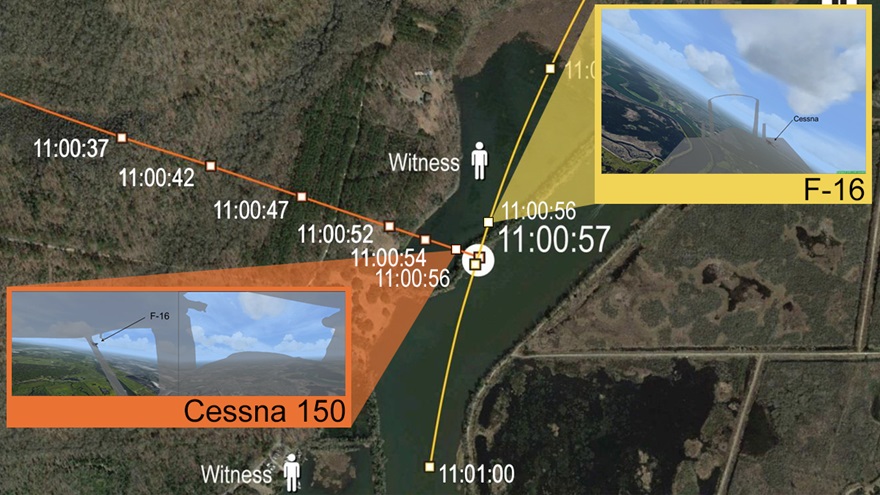 Simulated views from within the Cessna 150 and F-16 a second before collision. Composite image by AOPA staff. Images courtesy of NTSB.