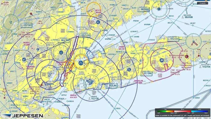 Temporary flight restrictions (TFRs) over portions of New York City. Photo courtesy of Jeppesen.