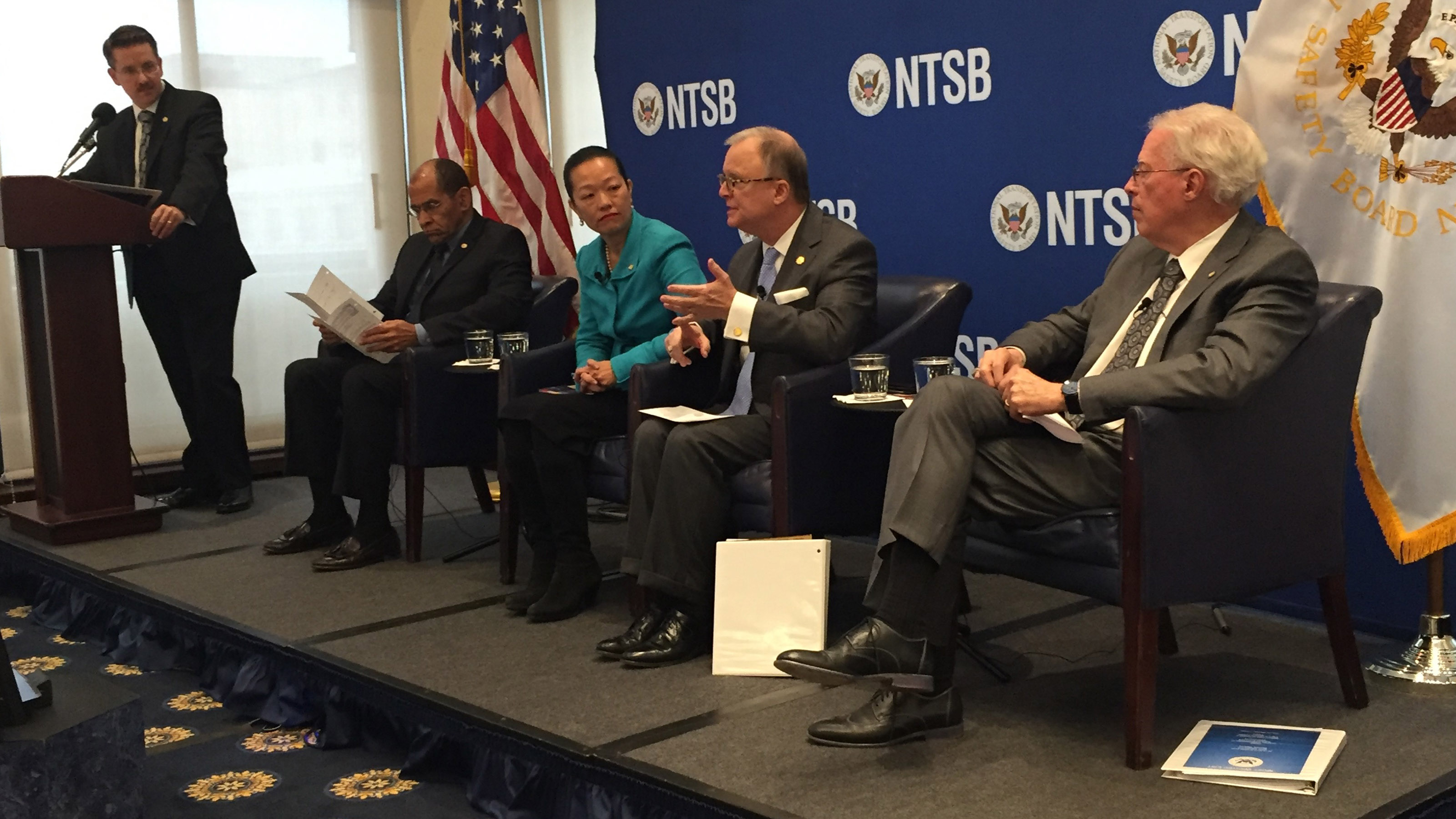 NTSB Chairman Christopher Hart, Vice Chairman T. Bella Dinh-Zarr, and Board members Robert Sumwalt and Earl Weener discuss the board’s Most Wanted safety improvements list Nov. 14 at the National Press Club in Washington, D.C. Photo courtesy of Joe Kildea.