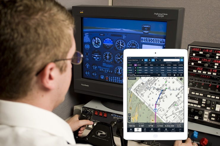Flight1 Aviation Technologies has released free software that connects ForeFlight Mobile to simulators powered by Microsoft Flight Simulator X or Lockheed Martin Prepar3D. Composite image by AOPA, iPad screen shot courtesy of Flight1 Aviation Technologies.