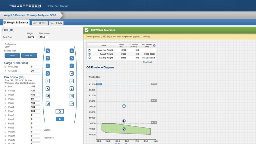 Jeppesen Operator weight-and-balance screen.