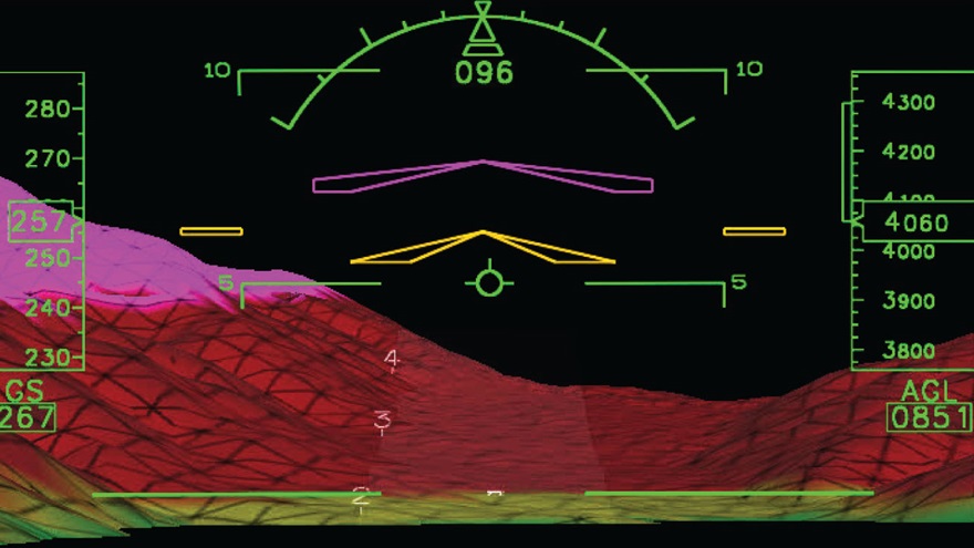 The MyGoFlight SkyDisplay HUD-LCD180 displays the aircraft's position along with attitude, airspeed, flight director, and altitude over a color terrain representation.