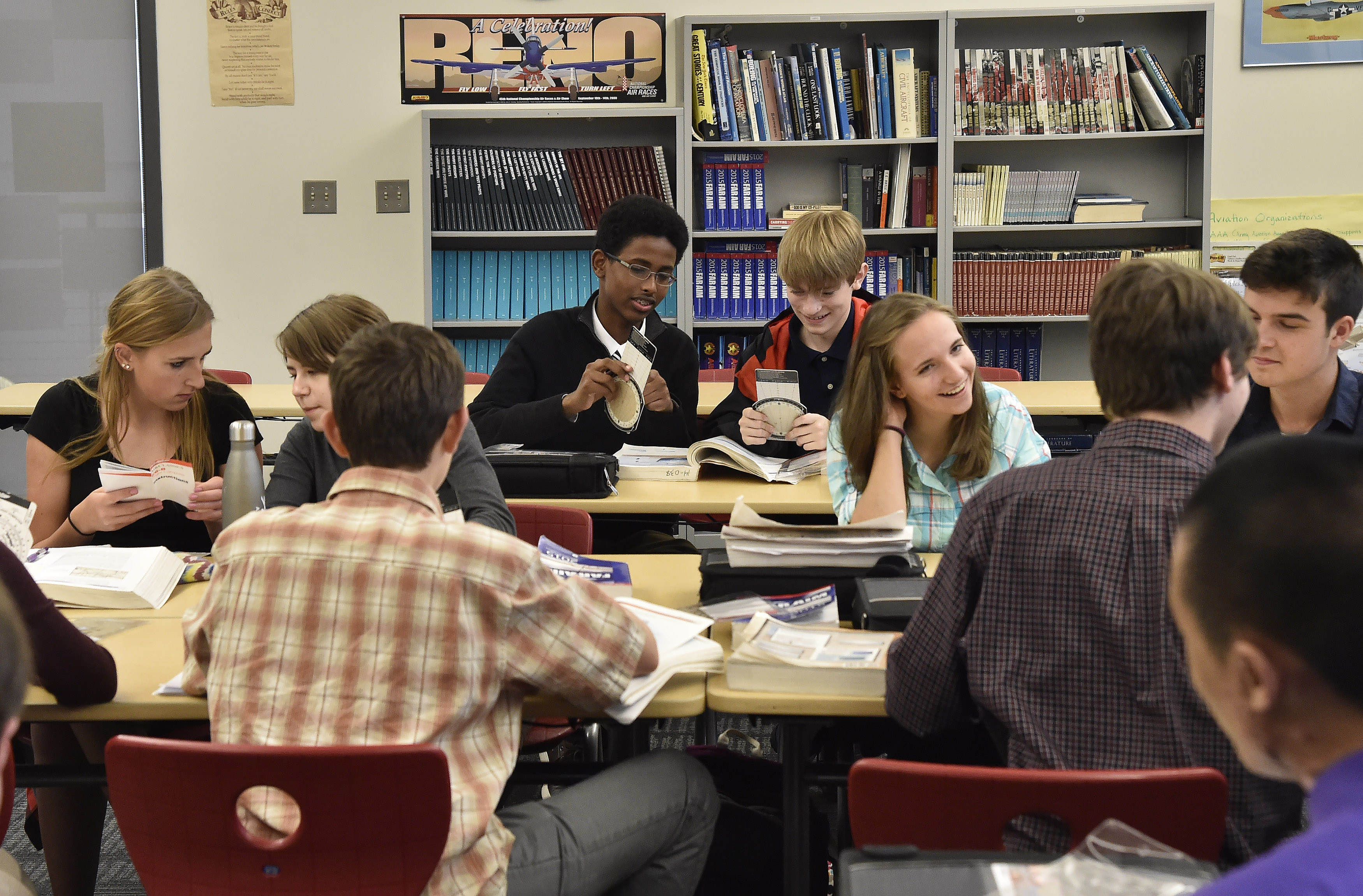 Students learn ground school techniques in Holly Branch's class at Raisbeck Aviation High School in the Seattle suburb of Tukwila, Washington. The school added courses in science, technology, engineering, and math (STEM) to the traditional high school curriculum. Photo by David Tulis.