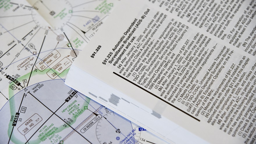 When flight planning, it is important to research any changes to regulations pertaining to your intended flight such as the changes highlighted by a "revision bar" under FAR 91.225 regarding Automatic Dependent Surveillance-Broadcast (ADS-B) and its use. Photo by David Tulis.