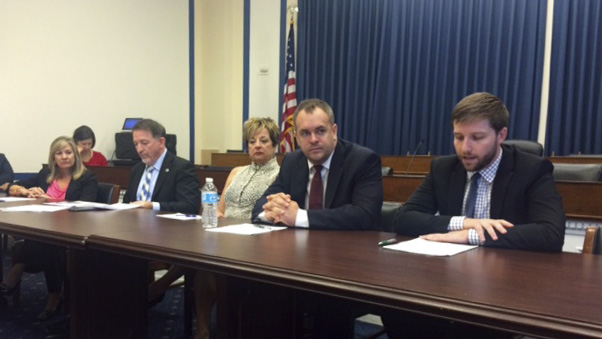 AOPA Director of Airspace and Air Traffic Rune Duke (far right) briefs House General Aviation Caucus staff on the FAA’s Automatic Dependent Surveillance-Broadcast Out (ADS-B Out) rebate program.