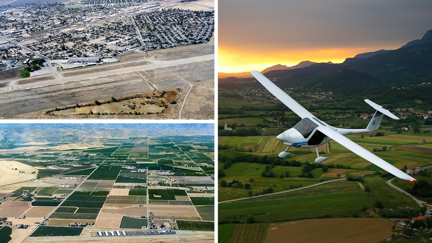 The California towns of Mendota (top left) and Reedley (bottom left) are collaborating on a project that will have them host Pipistrel Alpha Electro trainers. Images of William Robert Johnston Municipal Airport and Reedley Municipal Airport courtesy of Joseph Oldham. Composite photo by AOPA staff.