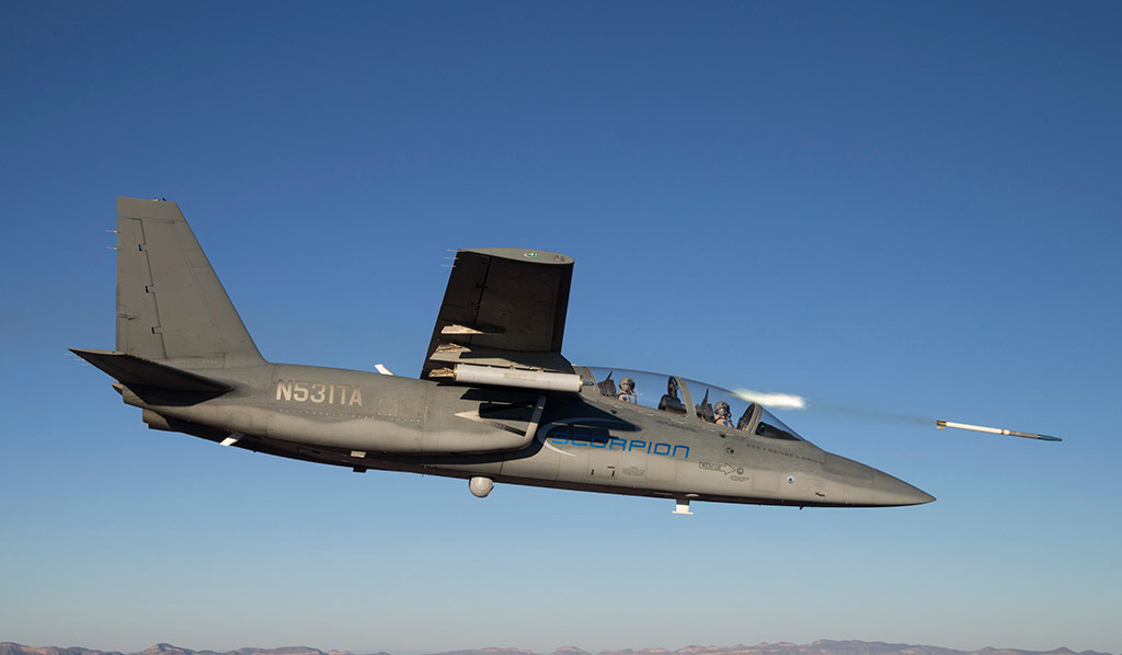 The Textron AirLand Scorpion fires a rocket during a recent testing at the White Sands Missile Range. Photo courtesy of Textron AirLand. 