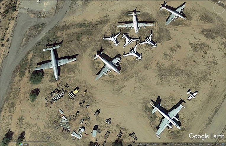 This Google Earth image (taken in November) appears to show four of the remaining Beechcraft Starships at the northwest corner of Marana Regional Airport. 