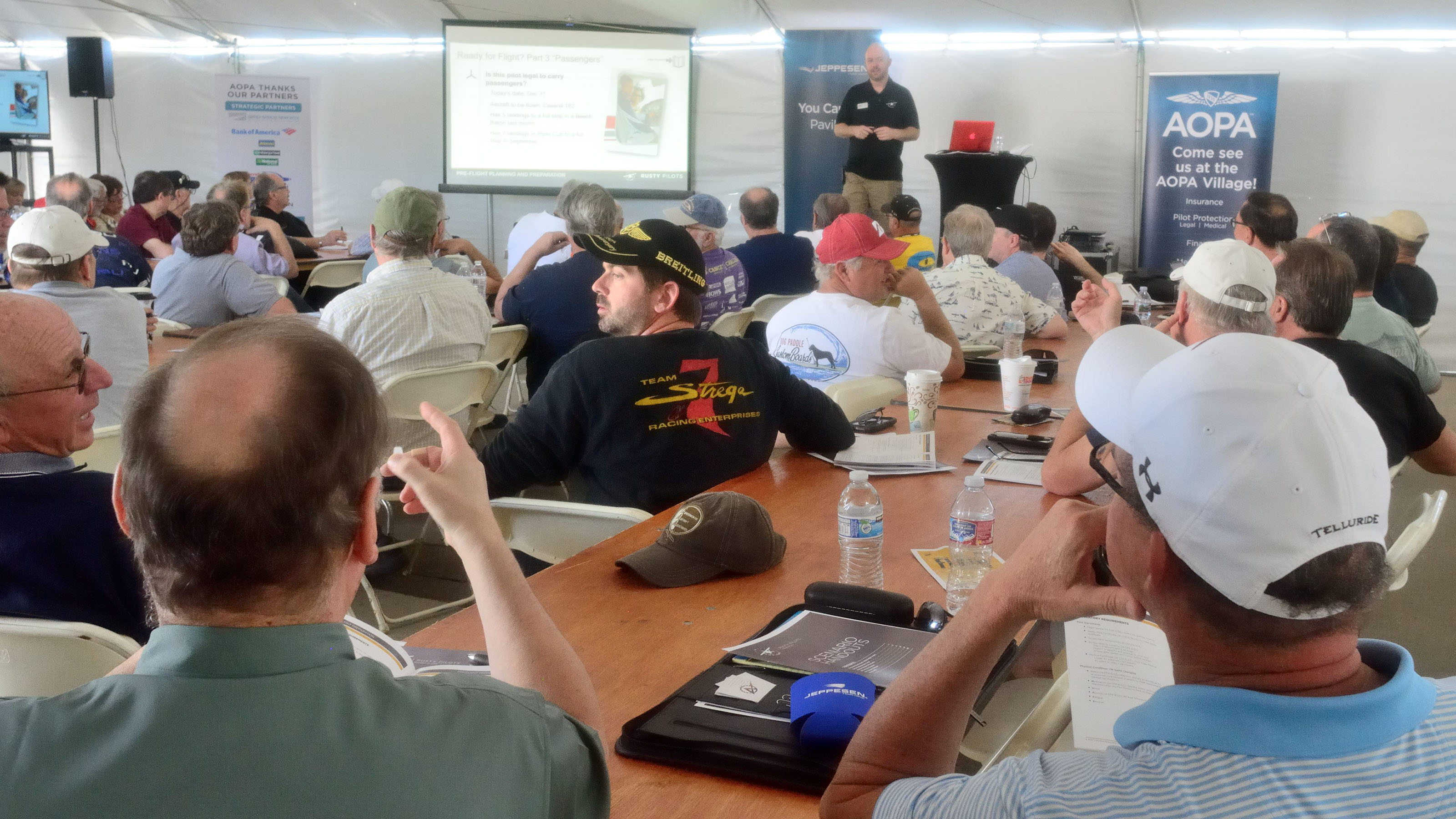 Chris Moser, with AOPA's You Can Fly initiative, leads a Rusty Pilots seminar at the AOPA Fly-In at Camarillo, California. Photo by Mike Collins.
