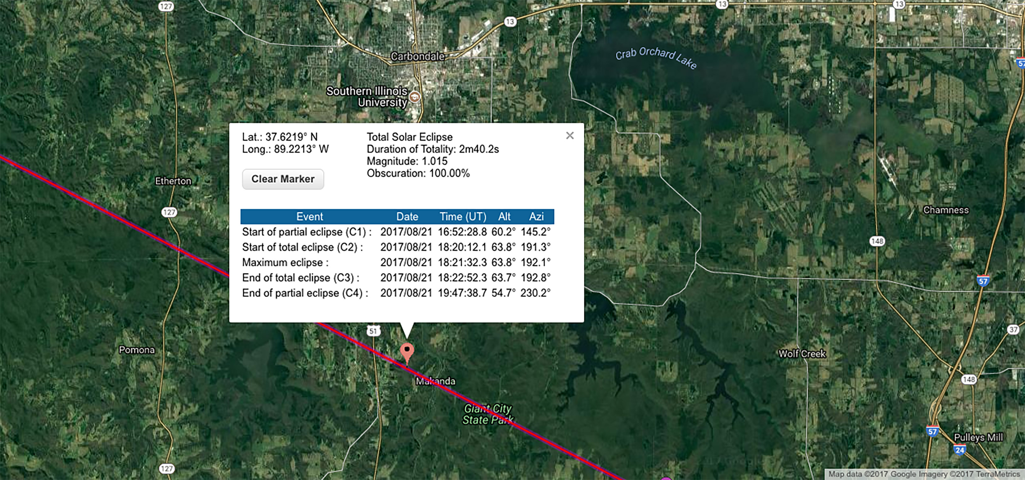 This screenshot of a solar eclipse graphic provided by Google and NASA shows the duration of the eclipse near Carbondale, Illinois. Photo courtesy NASA and Google.