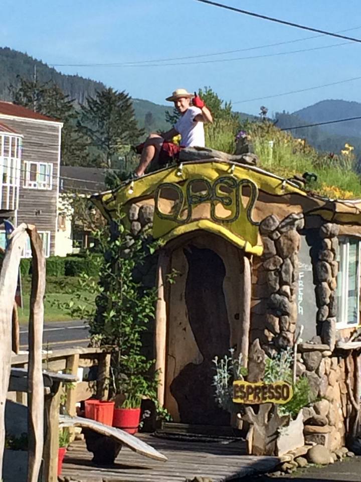 Just landed at Seaside, Oregon, and need a caffeine fix? Hustle across the highway directly west of the airport to Java Reef, a tiny drive-through with great espresso. Here, the owner is weeding his living roof. Photo courtesy Java Reef.