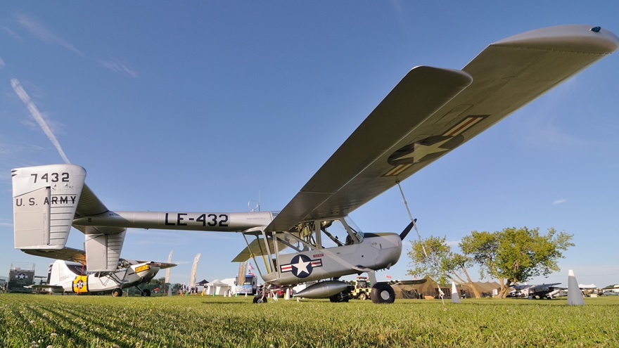 Keith and Kathy Brunquist of Wasilla, Alaska, display their Boeing YL-15 Scout prototype at EAA AirVenture 2017. Boeing's last piston-engined airplane, it lost an Army Air Force observation and liaison contract to the Cessna L-19 Bird Dog and never entered production. Photos by Mike Collins.